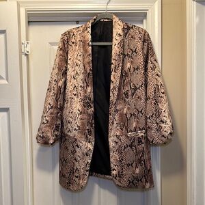 Brown Blazer with Snake Print and Open Front Style